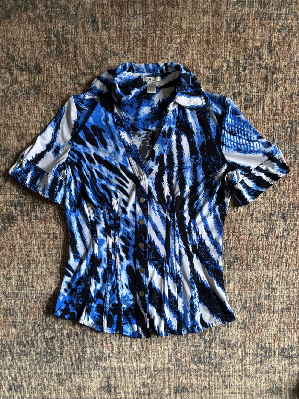 Caché Blue Print Button Collared Top Size Small